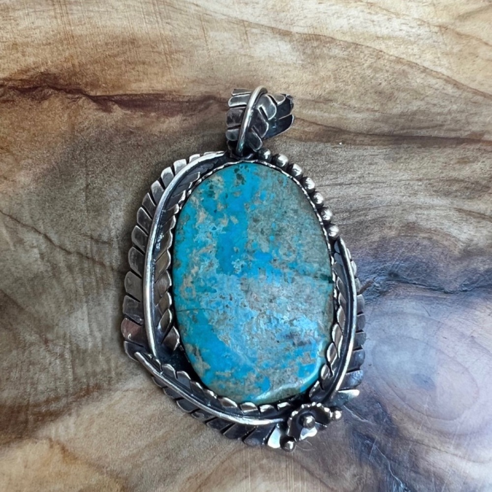 Boho South Western Fern Leaf Sterling Silver & Turquoise Large Pendant 🌿 - Picture 13 of 13